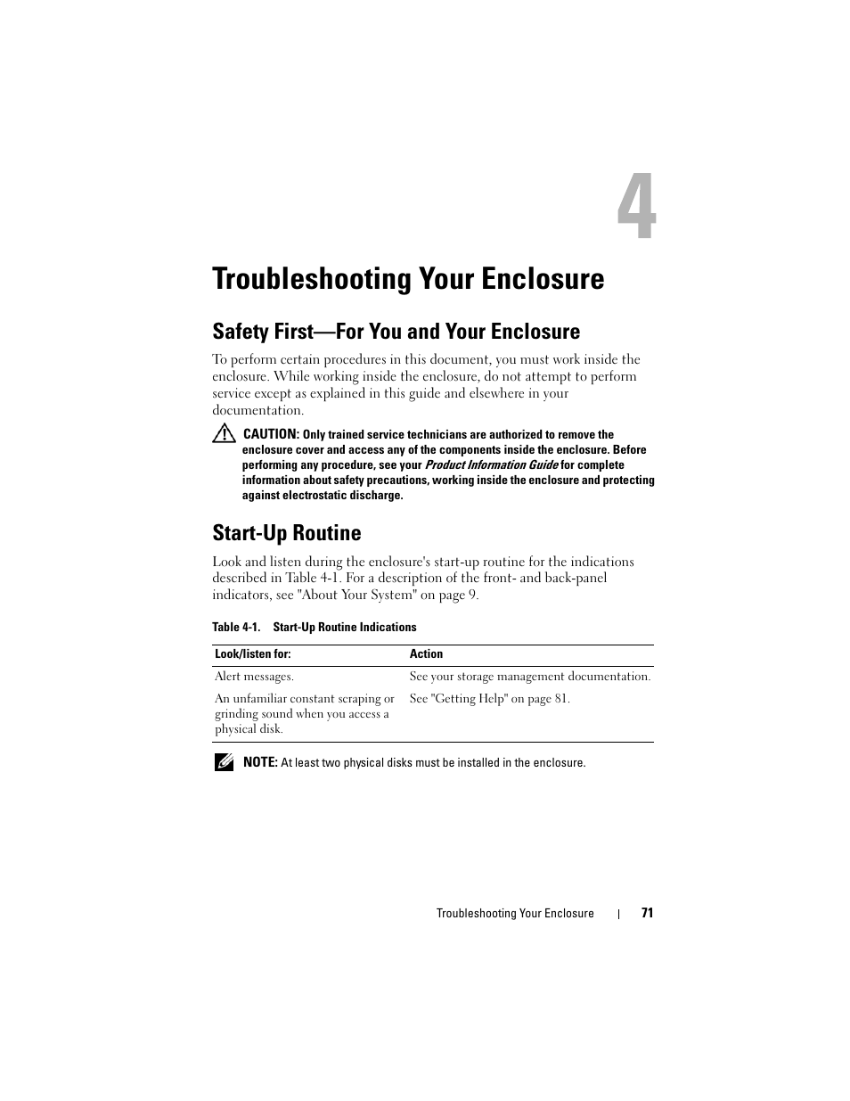 Troubleshooting your enclosure, Safety first-for you and your enclosure, Start-up routine | Safety first—for you and your enclosure | Dell PowerVault MD3000i User Manual | Page 71 / 106
