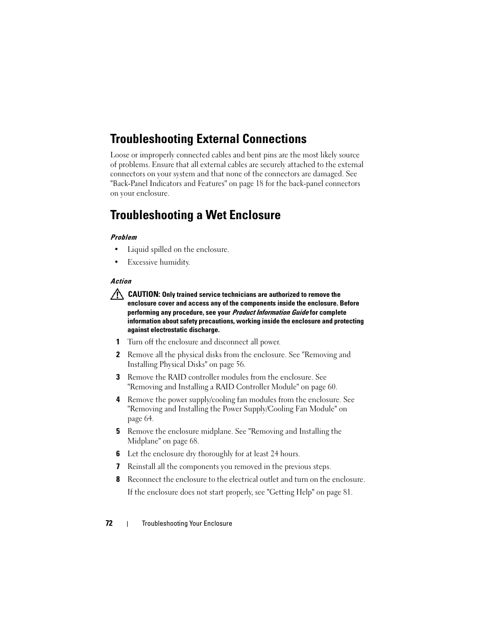 Troubleshooting external connections, Troubleshooting a wet enclosure | Dell PowerVault MD3000i User Manual | Page 72 / 106