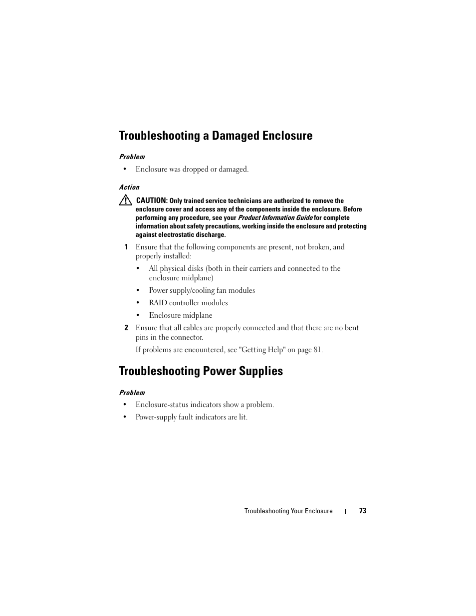 Troubleshooting a damaged enclosure, Troubleshooting power supplies | Dell PowerVault MD3000i User Manual | Page 73 / 106