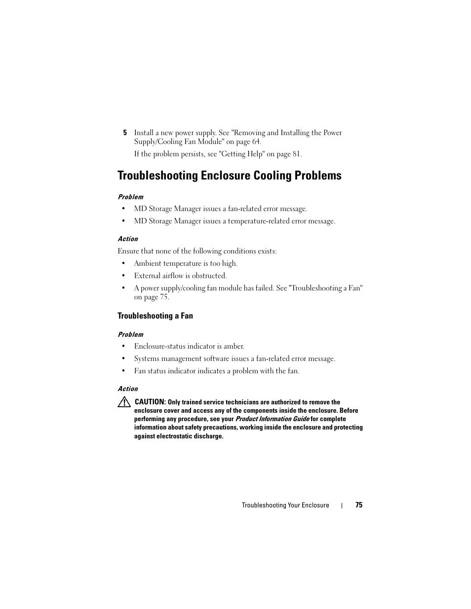Troubleshooting enclosure cooling problems, Troubleshooting a fan | Dell PowerVault MD3000i User Manual | Page 75 / 106
