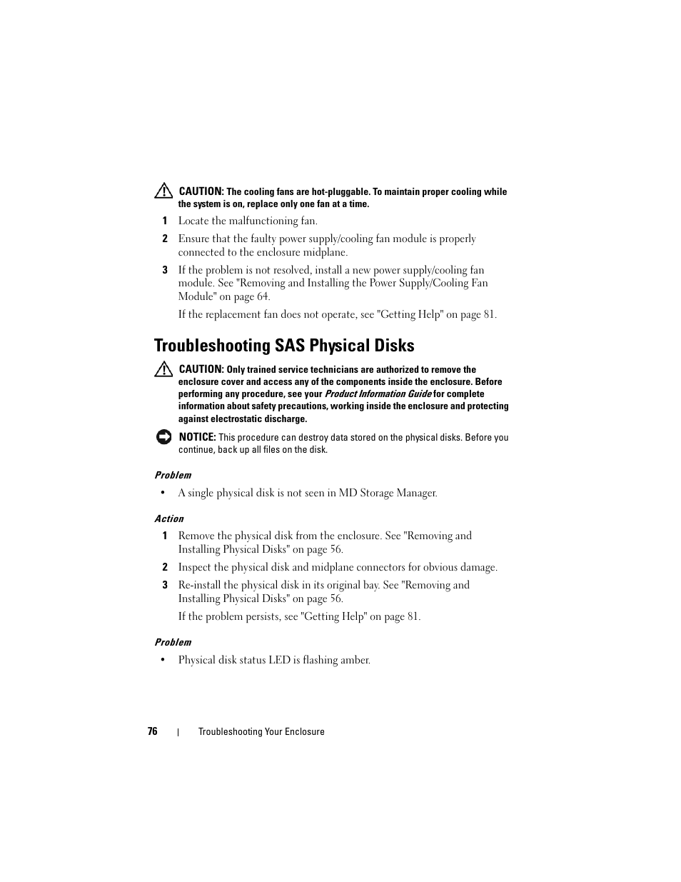 Troubleshooting sas physical disks | Dell PowerVault MD3000i User Manual | Page 76 / 106