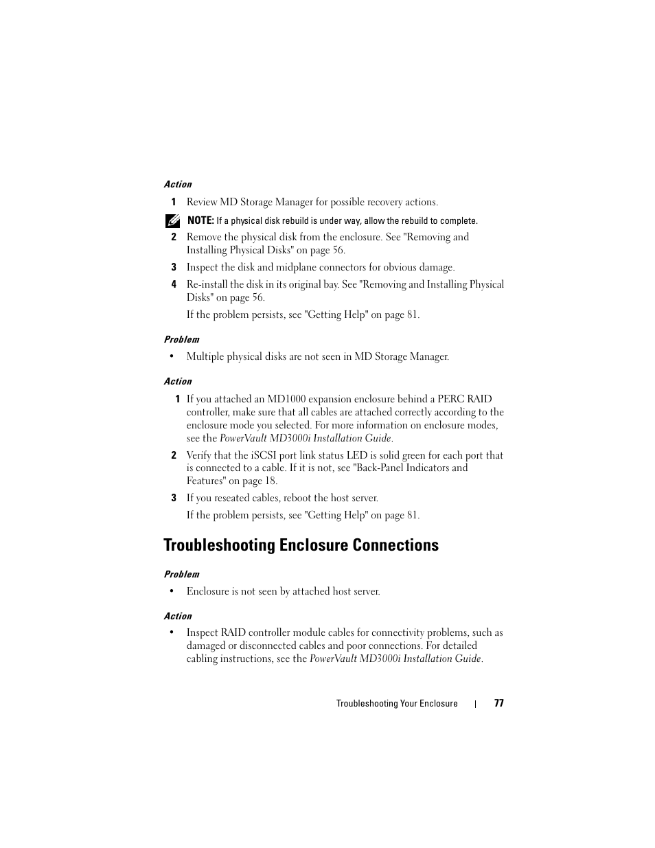 Troubleshooting enclosure connections | Dell PowerVault MD3000i User Manual | Page 77 / 106