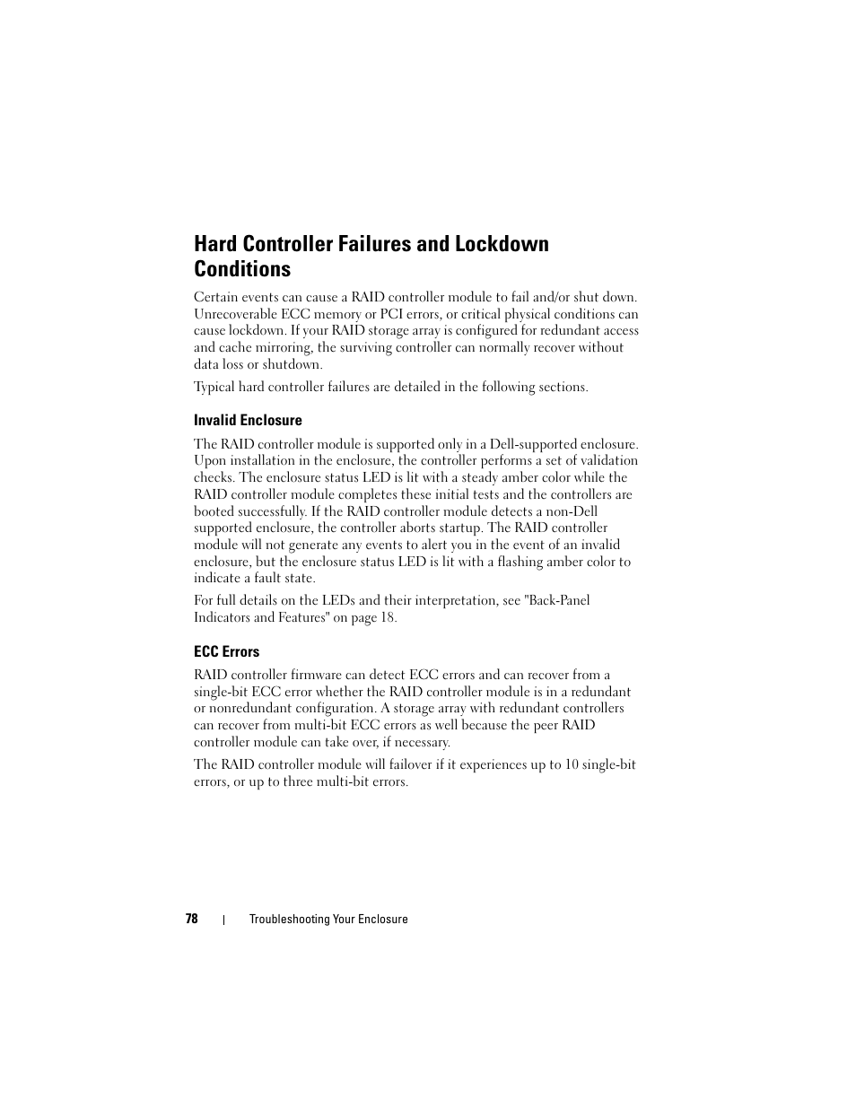 Hard controller failures and lockdown conditions, Invalid enclosure, Ecc errors | Dell PowerVault MD3000i User Manual | Page 78 / 106
