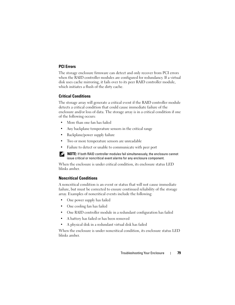 Pci errors, Critical conditions, Noncritical conditions | Dell PowerVault MD3000i User Manual | Page 79 / 106