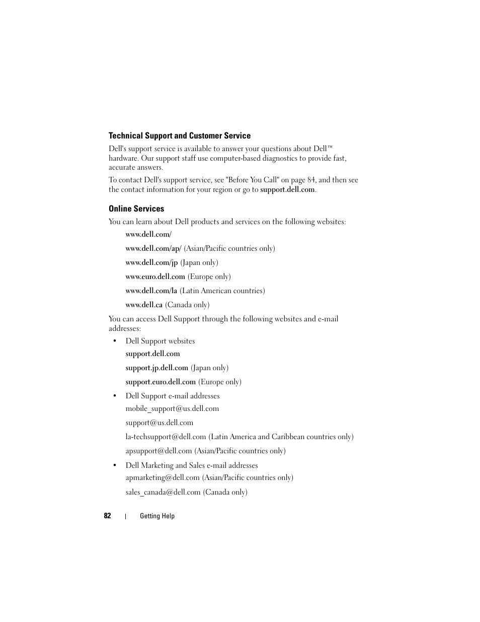 Technical support and customer service, Online services | Dell PowerVault MD3000i User Manual | Page 82 / 106