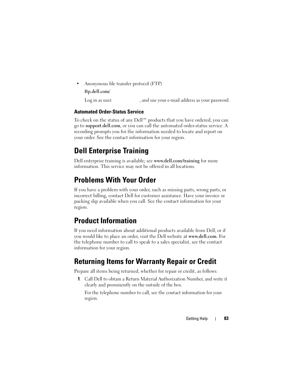 Automated order-status service, Dell enterprise training, Problems with your order | Product information, Returning items for warranty repair or credit | Dell PowerVault MD3000i User Manual | Page 83 / 106