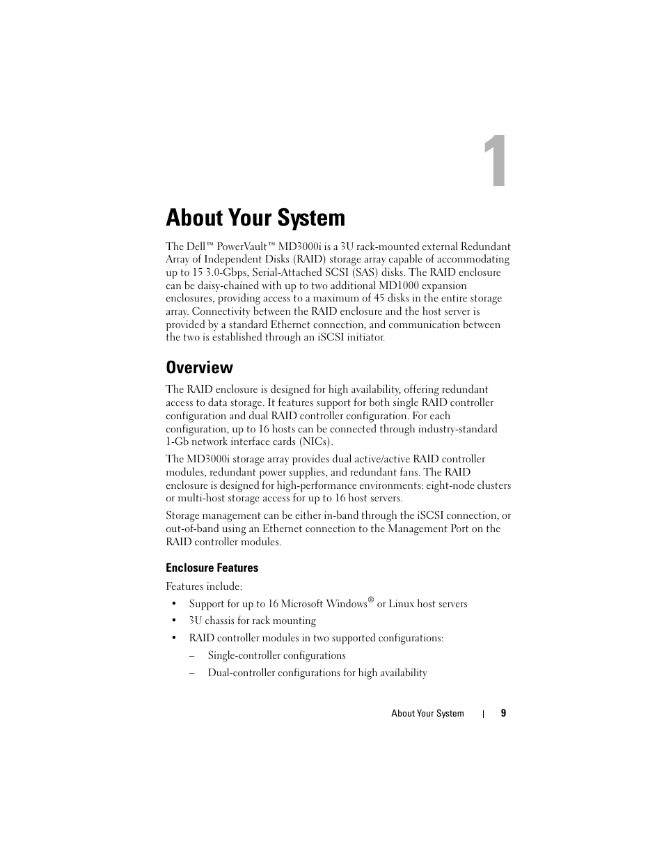 About your system, Overview, Enclosure features | Dell PowerVault MD3000i User Manual | Page 9 / 106