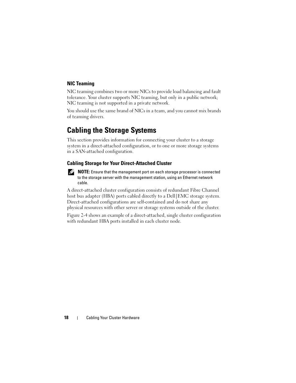 Nic teaming, Cabling the storage systems, Cabling storage for your direct-attached cluster | Dell AX4-5 User Manual | Page 18 / 56