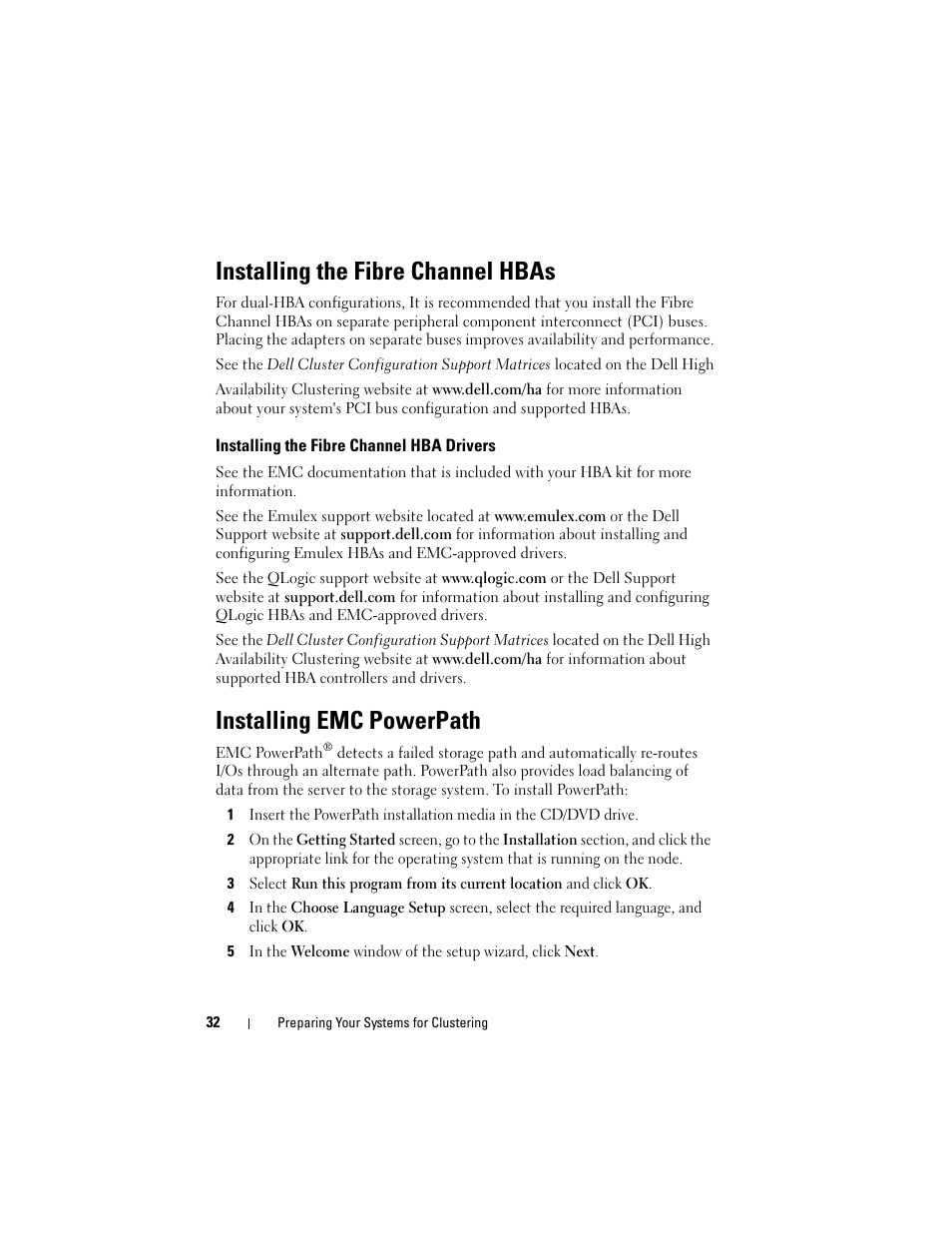 Installing the fibre channel hbas, Installing the fibre channel hba drivers, Installing emc powerpath | Dell AX4-5 User Manual | Page 32 / 56
