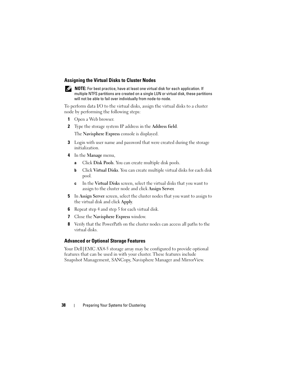 Assigning the virtual disks to cluster nodes, Advanced or optional storage features | Dell AX4-5 User Manual | Page 38 / 56