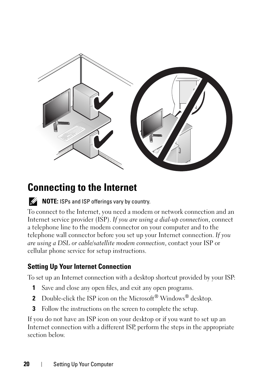 Connecting to the internet, Setting up your internet connection | Dell OptiPlex 360 (Late 2008) User Manual | Page 20 / 62