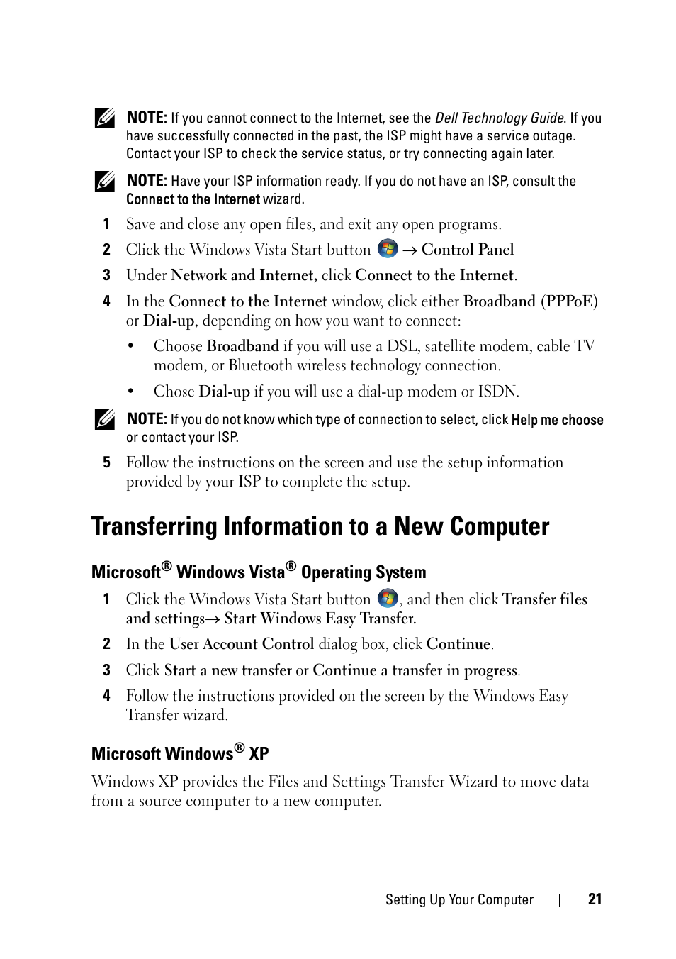 Transferring information to a new computer, Microsoft® windows vista® operating system, Microsoft windows® xp | Microsoft, Microsoft windows | Dell OptiPlex 360 (Late 2008) User Manual | Page 21 / 62