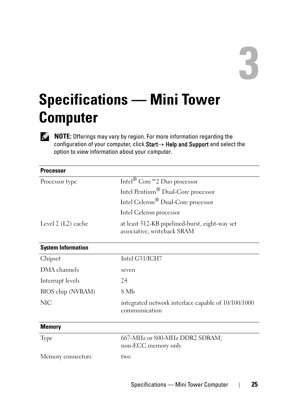 Specifications - mini tower computer, Specifications — mini tower, Computer | See "specifications, Specifications — mini tower computer | Dell OptiPlex 360 (Late 2008) User Manual | Page 25 / 62