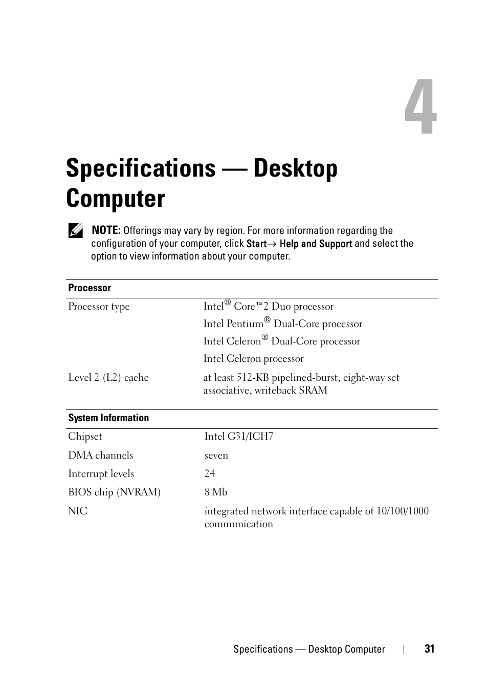 Specifications - desktop computer, Specifications — desktop, Computer | Specifications — desktop computer" on, Specifications — desktop computer | Dell OptiPlex 360 (Late 2008) User Manual | Page 31 / 62