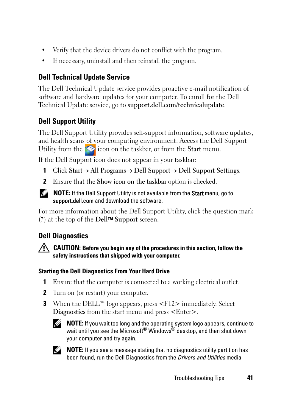 Dell technical update service, Dell support utility, Dell diagnostics | Dell OptiPlex 360 (Late 2008) User Manual | Page 41 / 62