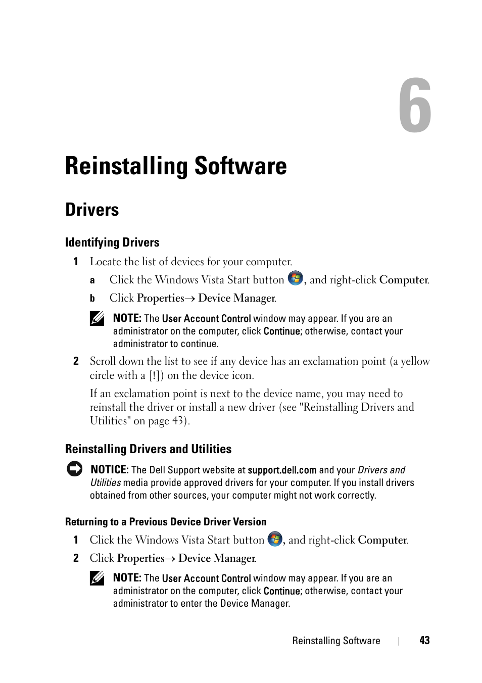 Reinstalling software, Drivers, Identifying drivers | Reinstalling drivers and utilities | Dell OptiPlex 360 (Late 2008) User Manual | Page 43 / 62