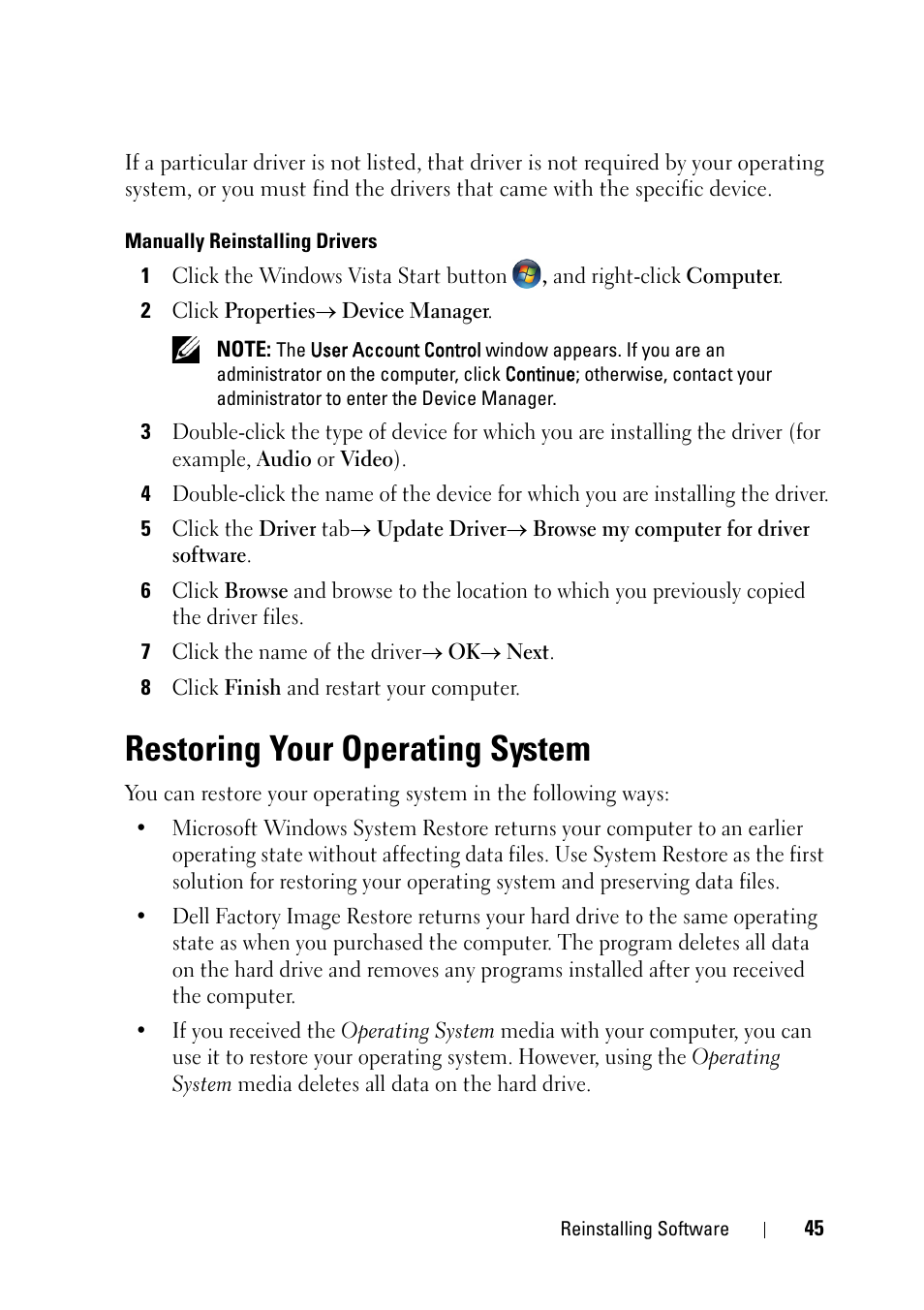 Restoring your operating system | Dell OptiPlex 360 (Late 2008) User Manual | Page 45 / 62