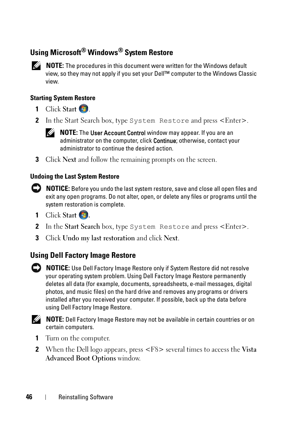 Using microsoft® windows® system restore, Using dell factory image restore, Using microsoft | Using microsoft® windows® system | Dell OptiPlex 360 (Late 2008) User Manual | Page 46 / 62