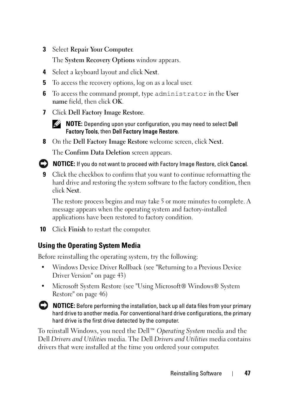 Using the operating system media | Dell OptiPlex 360 (Late 2008) User Manual | Page 47 / 62