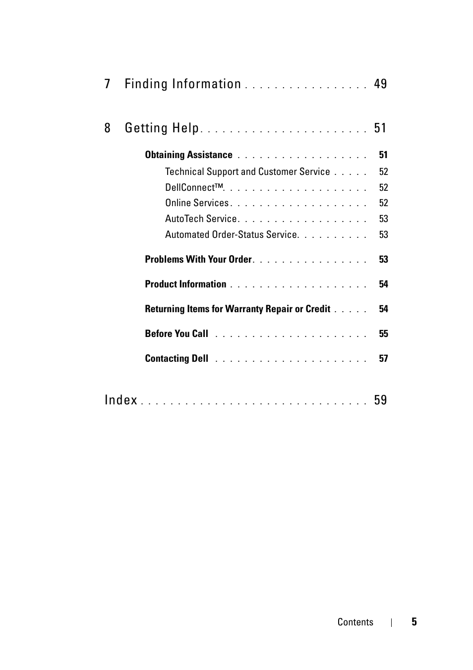 7 finding information, 49 8 getting help, Index | Dell OptiPlex 360 (Late 2008) User Manual | Page 5 / 62
