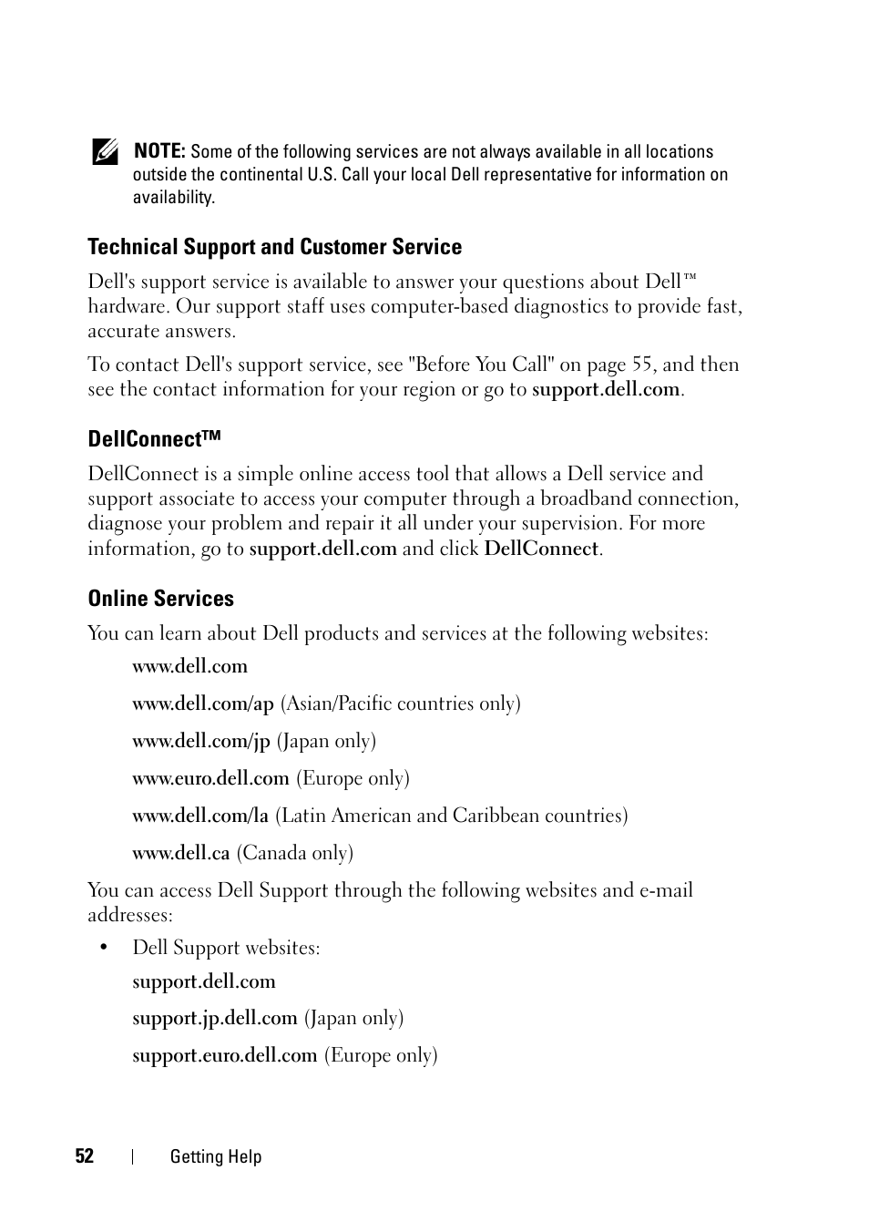 Technical support and customer service, Dellconnect, Online services | Pport, see "technical support and | Dell OptiPlex 360 (Late 2008) User Manual | Page 52 / 62