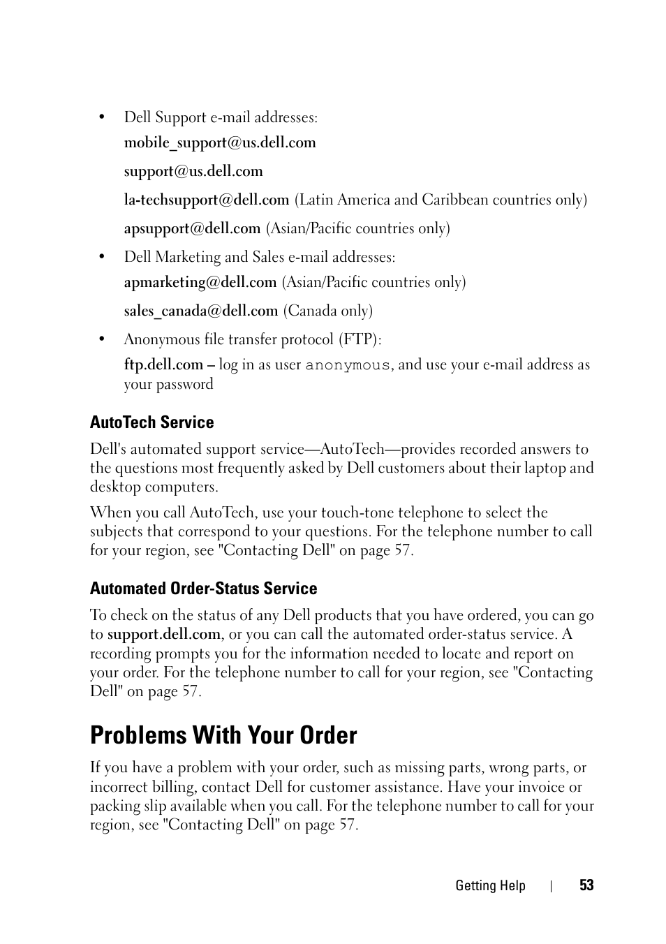 Autotech service, Automated order-status service, Problems with your order | Dell OptiPlex 360 (Late 2008) User Manual | Page 53 / 62