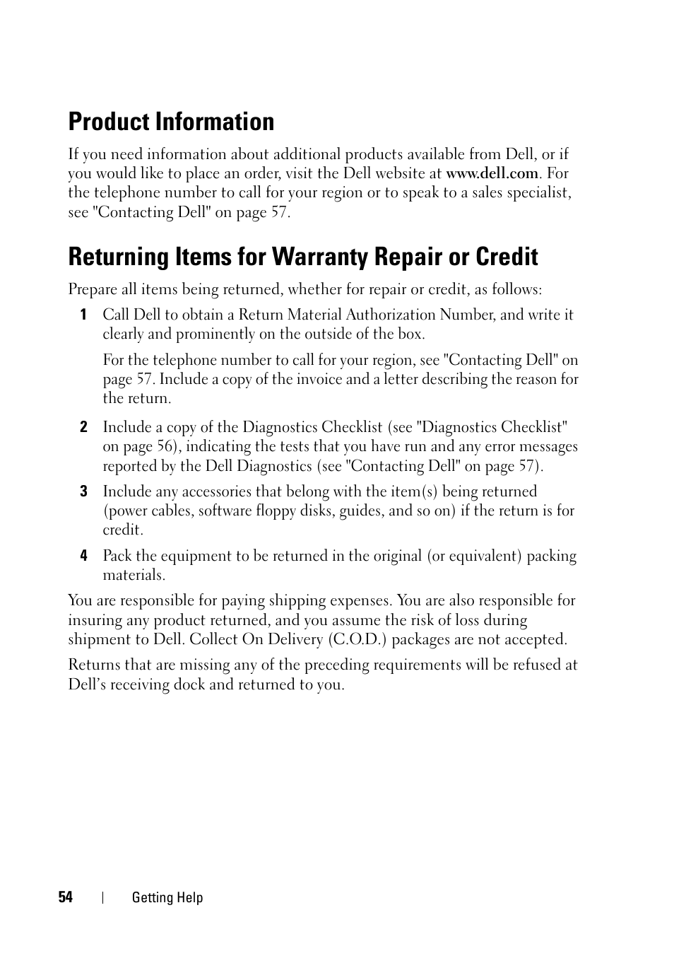 Product information, Returning items for warranty repair or credit | Dell OptiPlex 360 (Late 2008) User Manual | Page 54 / 62