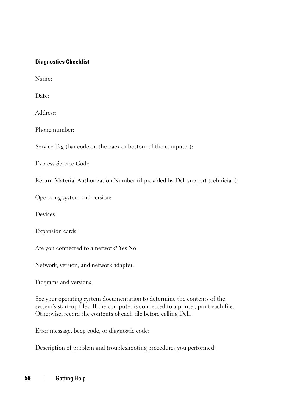 Diagnostics checklist | Dell OptiPlex 360 (Late 2008) User Manual | Page 56 / 62