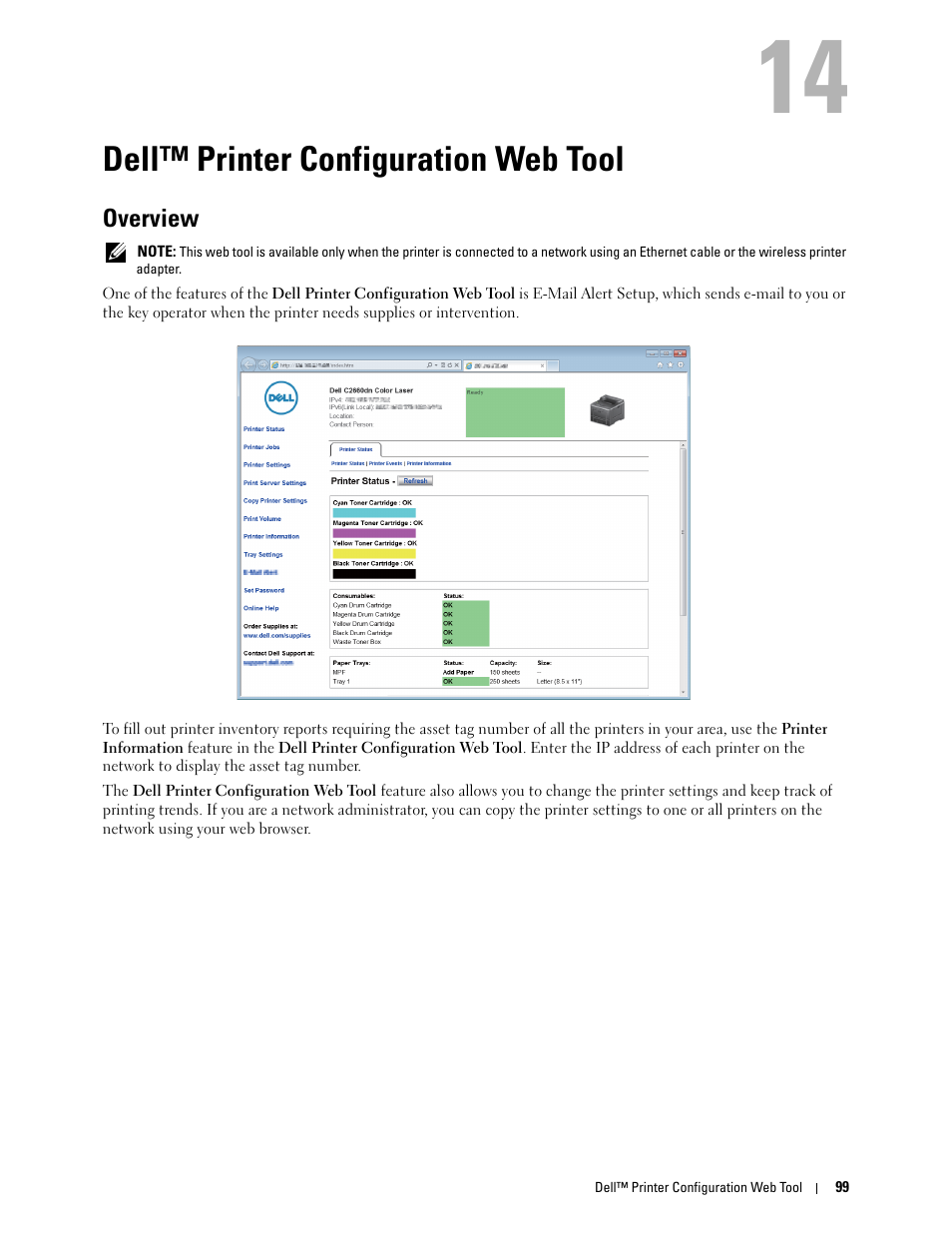 Dell™ printer configuration web tool, Overview, 14 dell™ printer configuration web tool | Dell C2660dn Color Laser Printer User Manual | Page 101 / 361