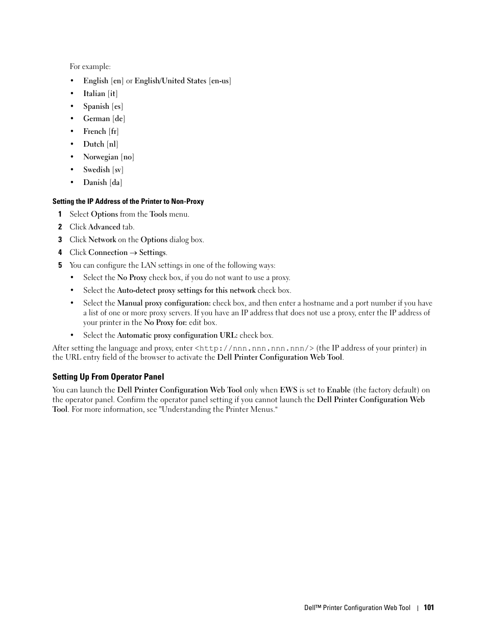 Setting up from operator panel | Dell C2660dn Color Laser Printer User Manual | Page 103 / 361