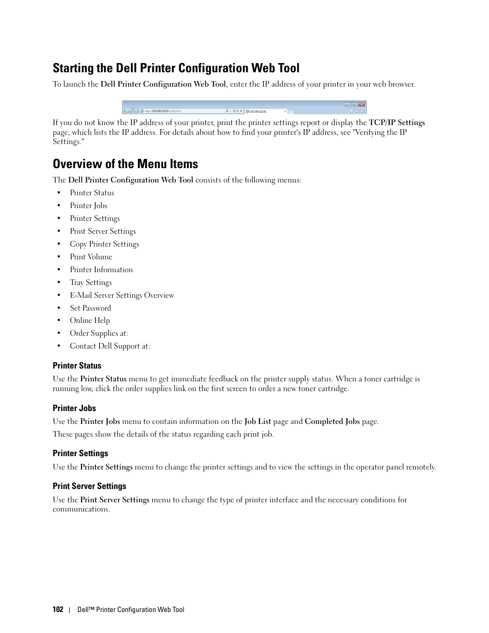 Starting the dell printer configuration web tool, Overview of the menu items, Printer status | Printer jobs, Printer settings, Print server settings | Dell C2660dn Color Laser Printer User Manual | Page 104 / 361