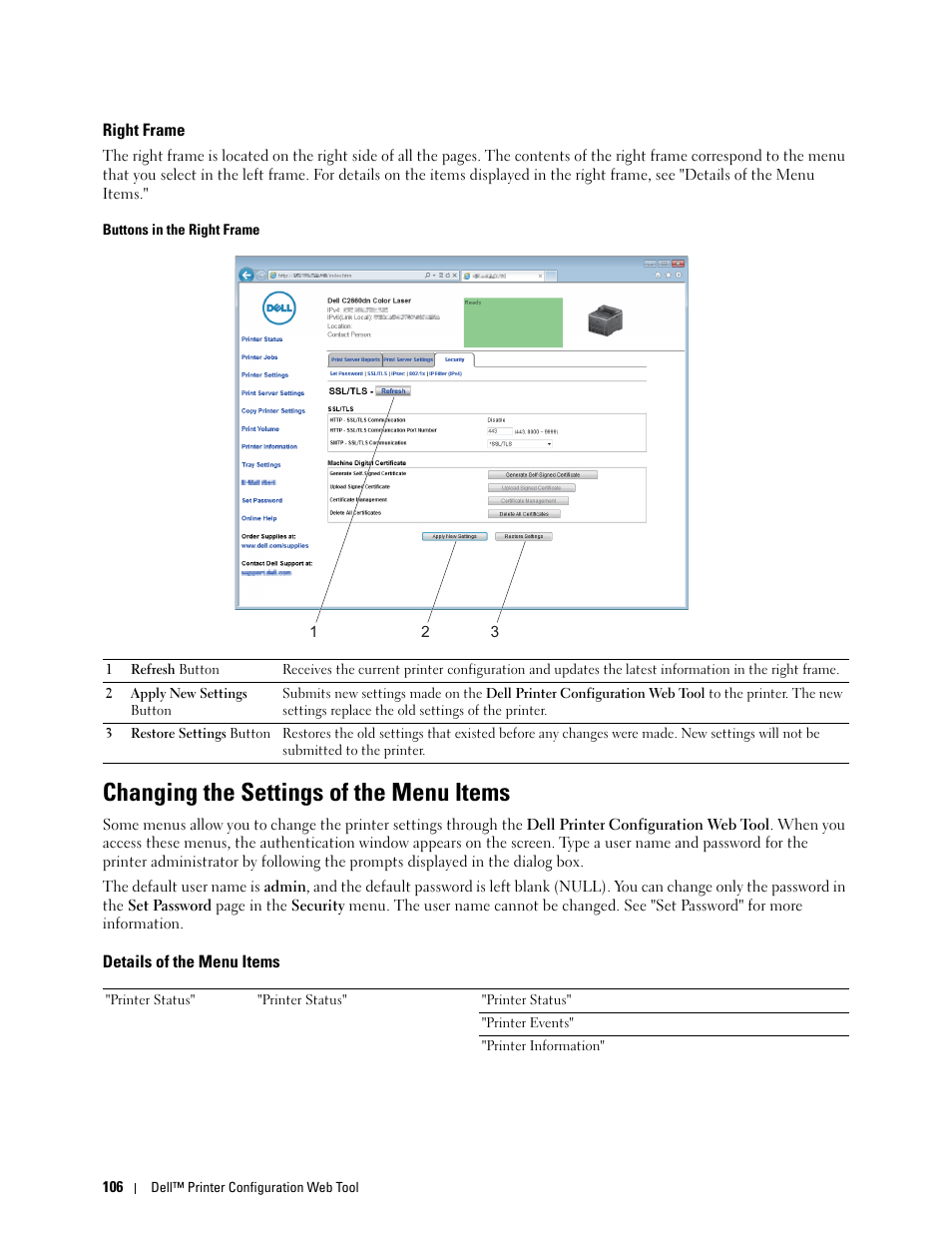 Right frame, Changing the settings of the menu items, Details of the menu items | Dell C2660dn Color Laser Printer User Manual | Page 108 / 361