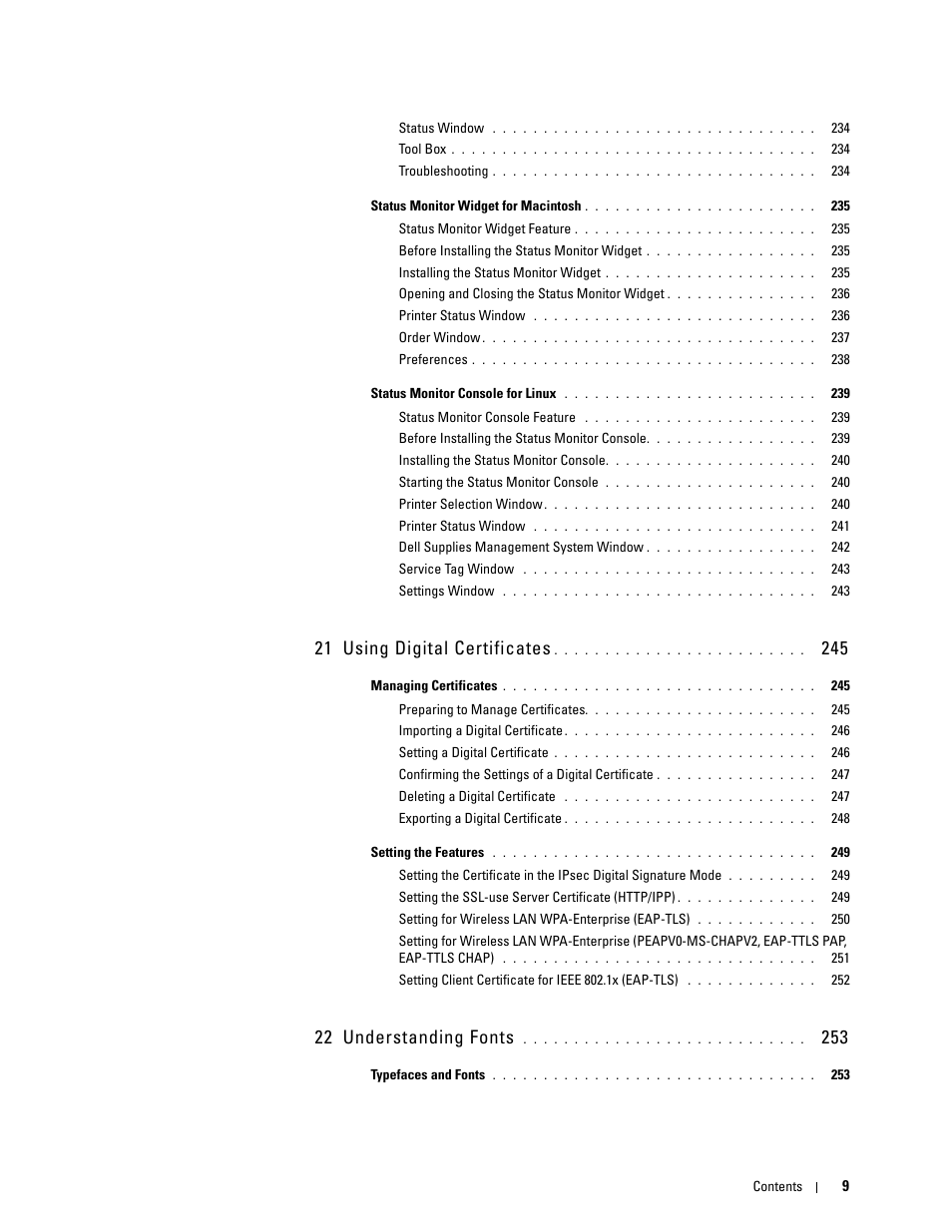 21 using digital certificates 245, 22 understanding fonts 253, 21 using digital certificates | 22 understanding fonts | Dell C2660dn Color Laser Printer User Manual | Page 11 / 361