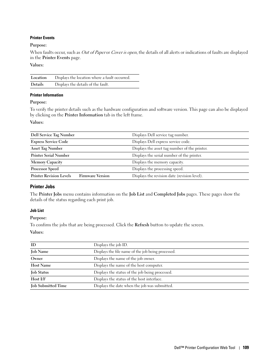Printer jobs, Printer events, Printer information | Job list | Dell C2660dn Color Laser Printer User Manual | Page 111 / 361
