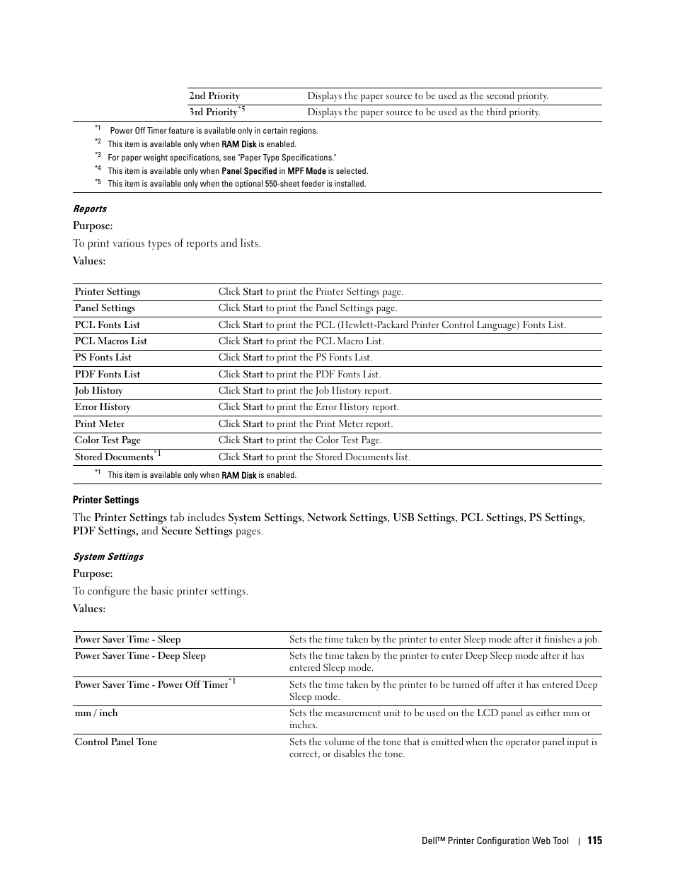 Reports, Printer settings, System settings | Dell C2660dn Color Laser Printer User Manual | Page 117 / 361