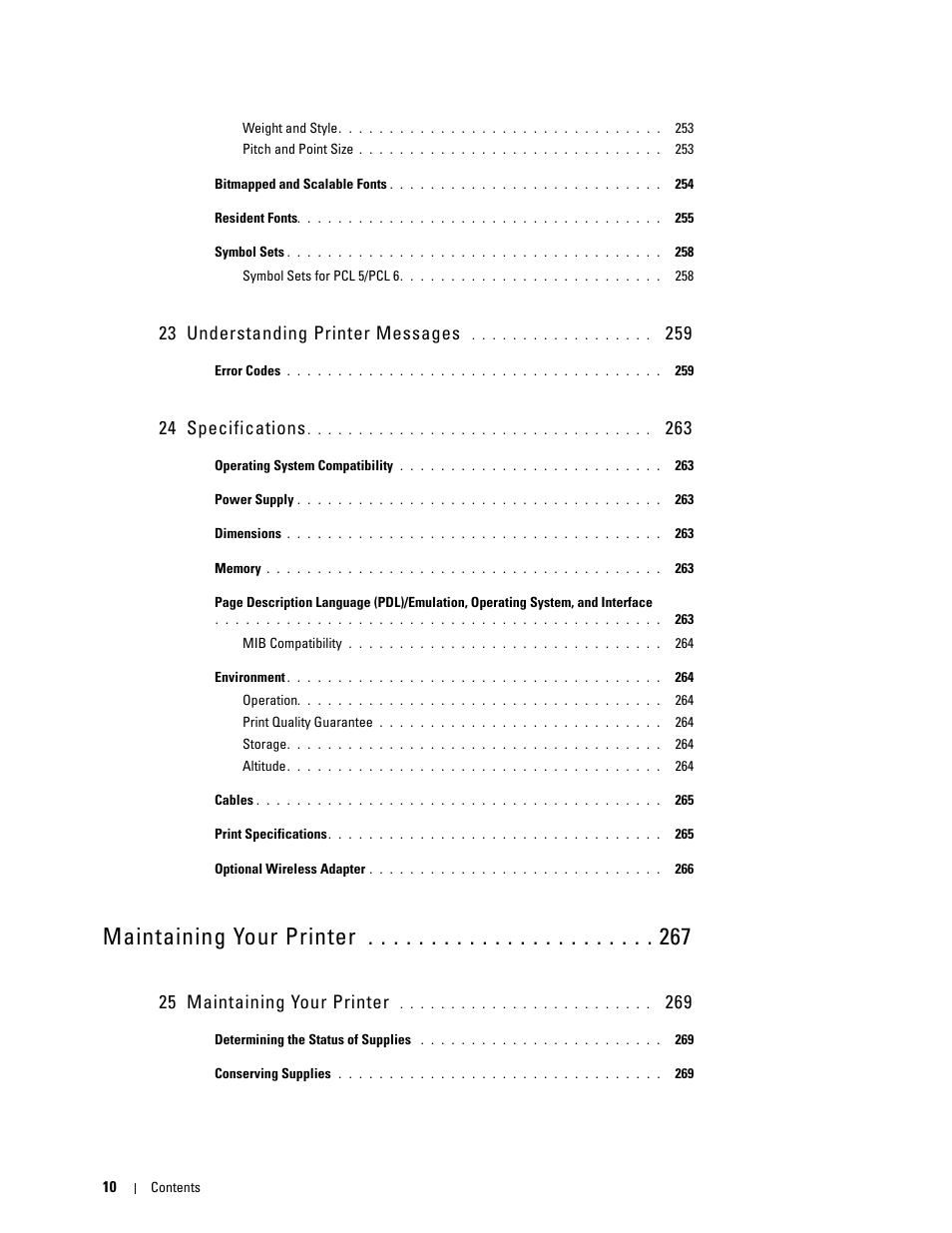 23 understanding printer messages 259, 24 specifications 263, 25 maintaining your printer 269 | Maintaining your printer, 23 understanding printer messages, 24 specifications, 25 maintaining your printer | Dell C2660dn Color Laser Printer User Manual | Page 12 / 361