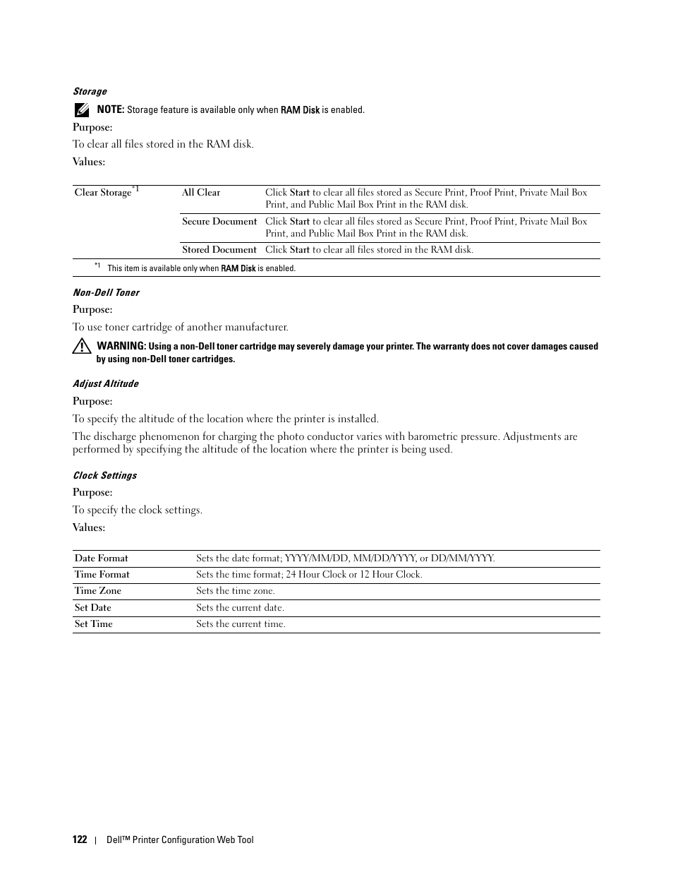 Storage, Non-dell toner" "adjust altitude" "clock settings | Dell C2660dn Color Laser Printer User Manual | Page 124 / 361