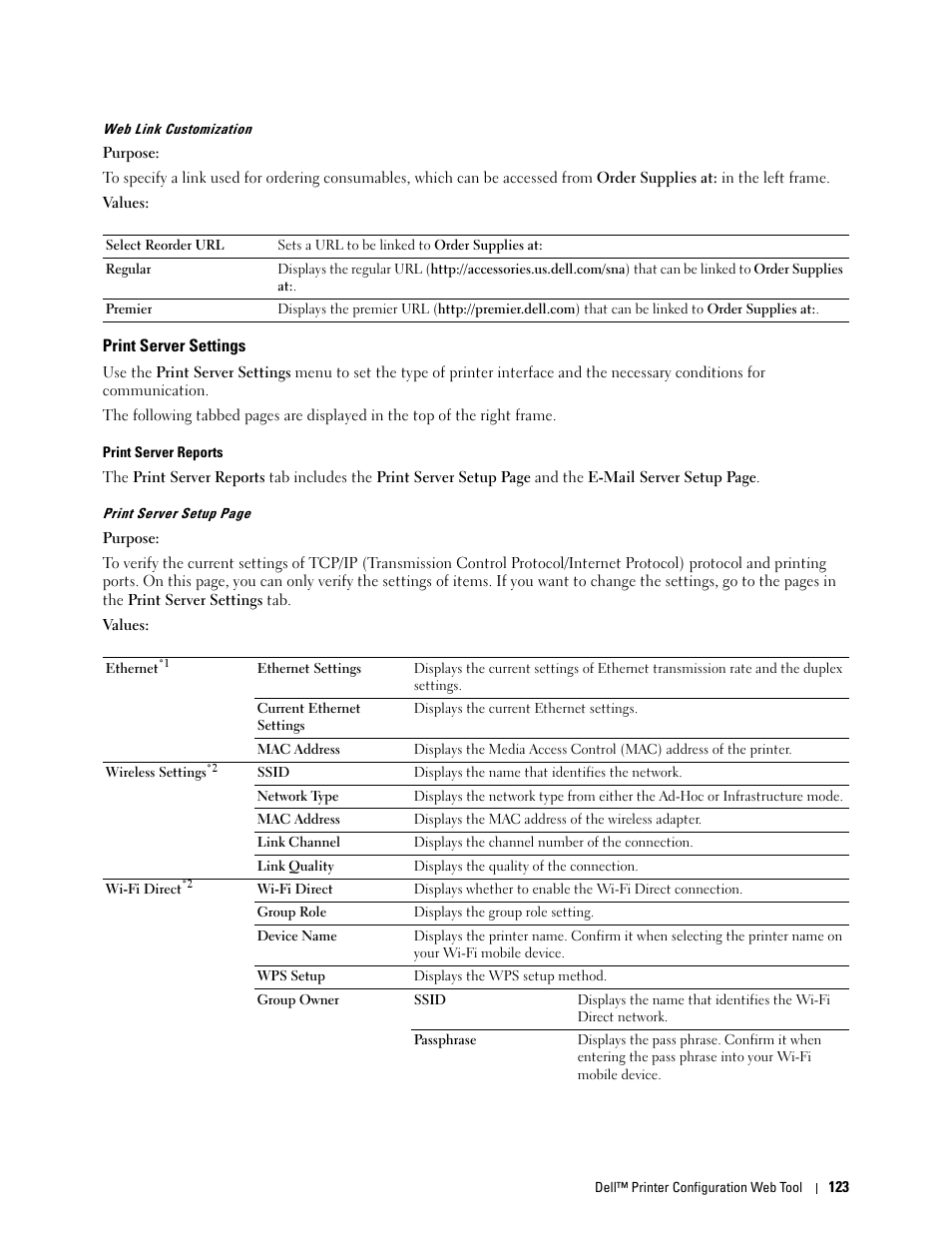Print server settings, Web link customization, Print server reports | Dell C2660dn Color Laser Printer User Manual | Page 125 / 361