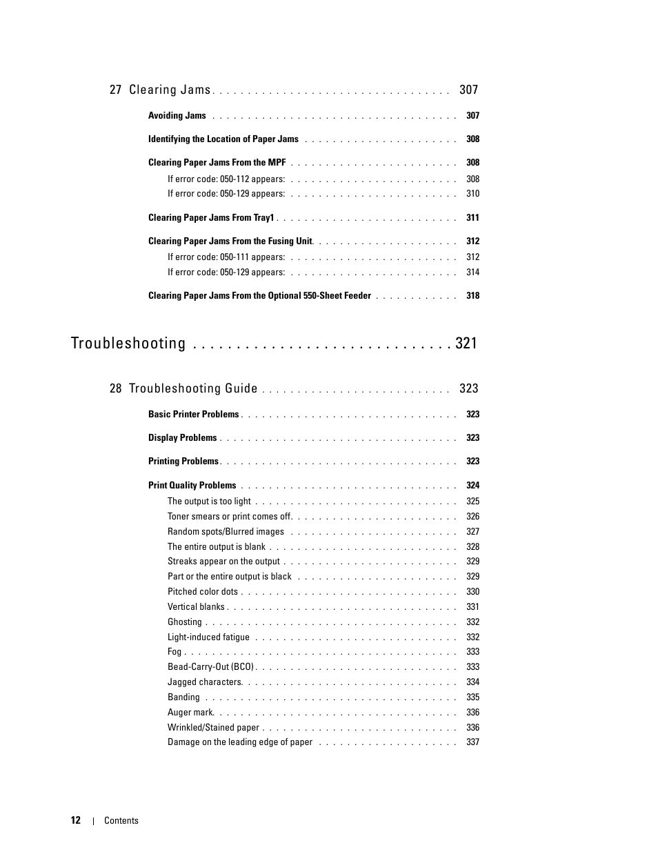 27 clearing jams 307, 28 troubleshooting guide 323, Troubleshooting | 27 clearing jams, 28 troubleshooting guide | Dell C2660dn Color Laser Printer User Manual | Page 14 / 361