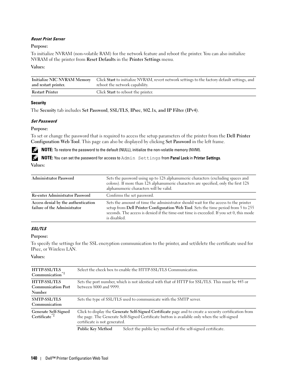 E "set password" for mo, Reset print server, Security | Set password, Ssl/tls | Dell C2660dn Color Laser Printer User Manual | Page 142 / 361