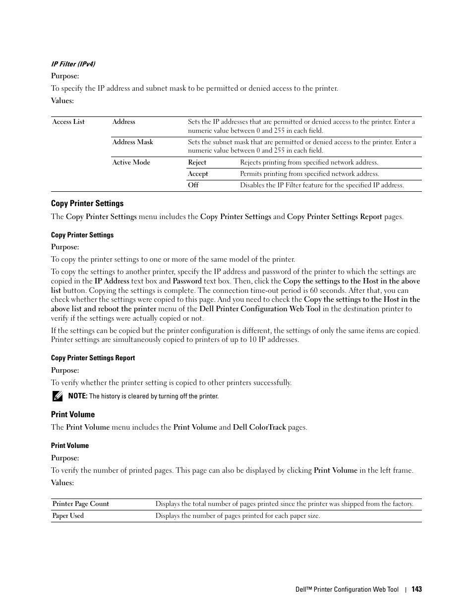 Copy printer settings, Print volume, Ip filter (ipv4) | Copy printer settings" "copy printer settings | Dell C2660dn Color Laser Printer User Manual | Page 145 / 361