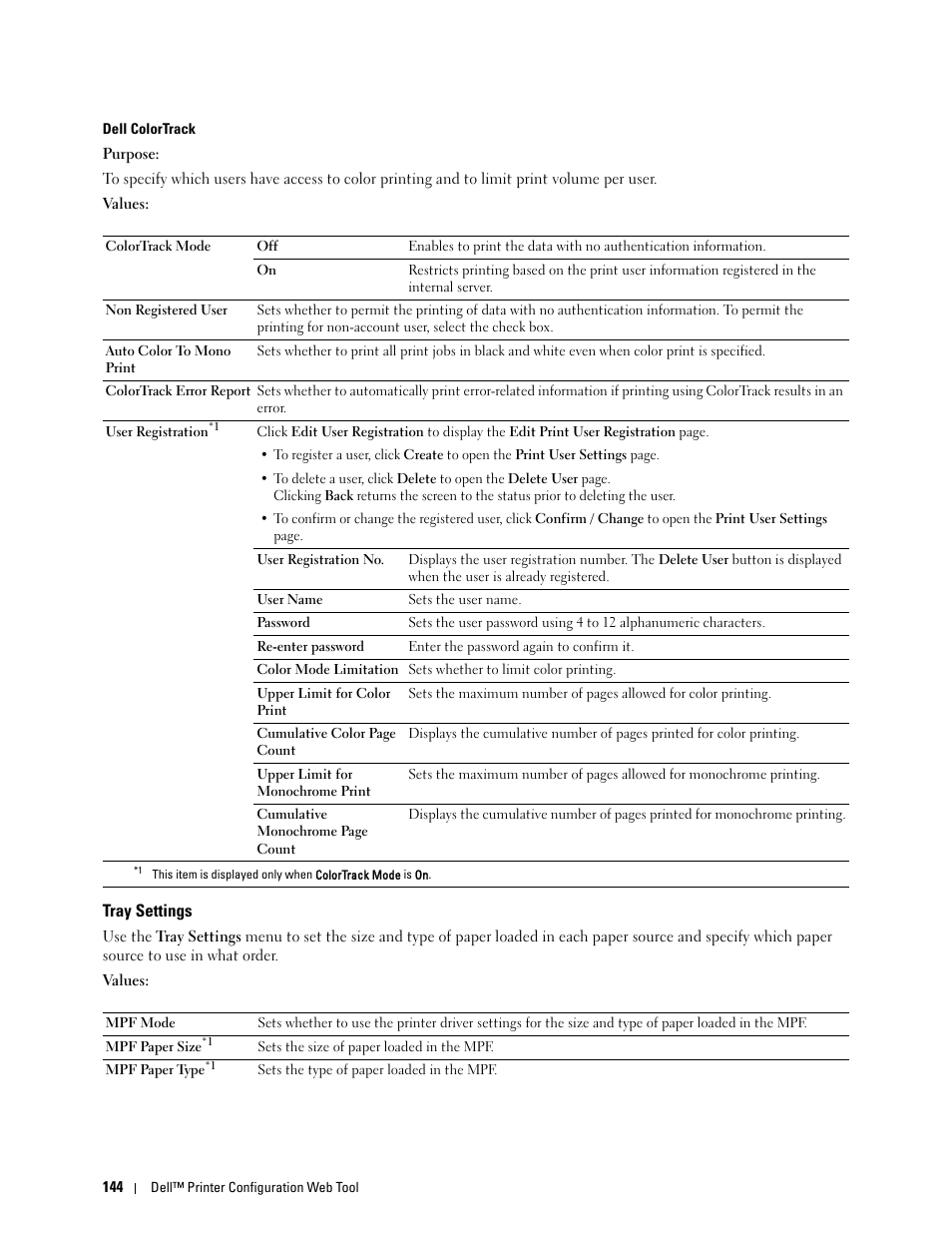 Tray settings, Dell colortrack | Dell C2660dn Color Laser Printer User Manual | Page 146 / 361
