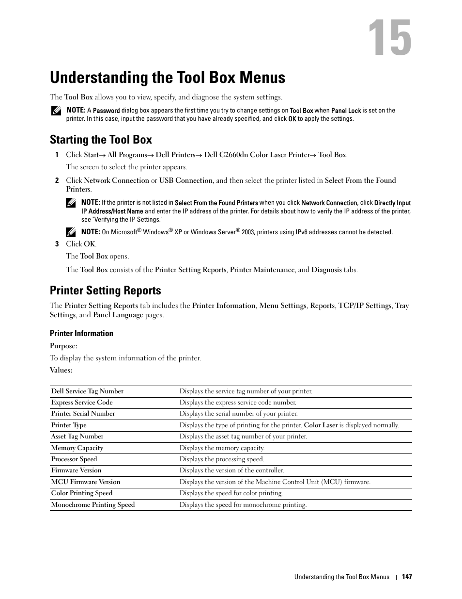 Understanding the tool box menus, Starting the tool box, Printer setting reports | Printer information, 15 understanding the tool box menus | Dell C2660dn Color Laser Printer User Manual | Page 149 / 361