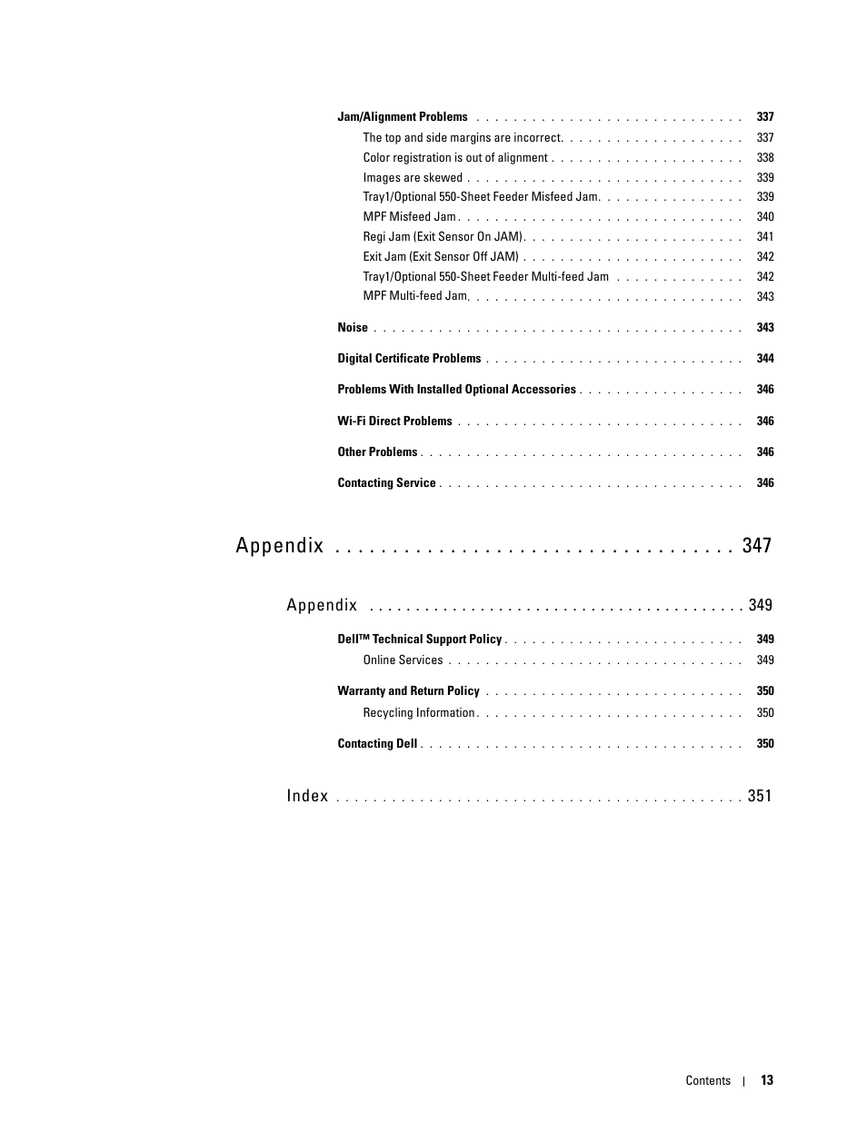 Appendix 349, Appendix, Index | Dell C2660dn Color Laser Printer User Manual | Page 15 / 361