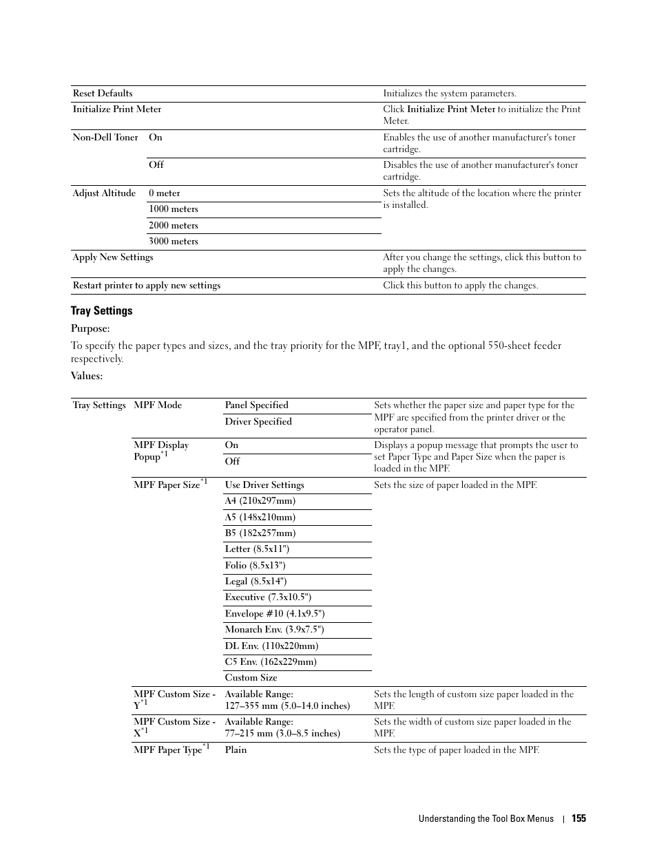 Tray settings | Dell C2660dn Color Laser Printer User Manual | Page 157 / 361