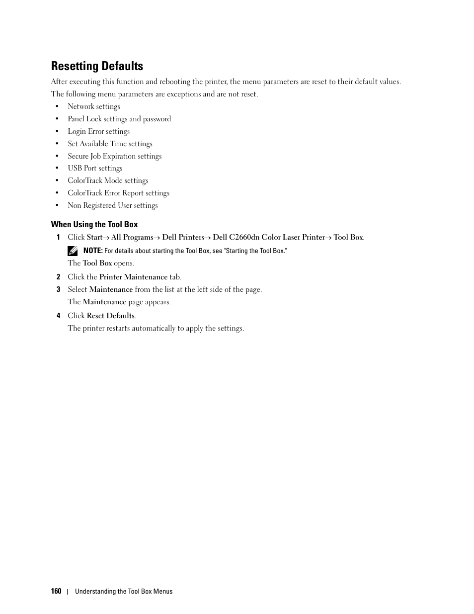 Resetting defaults, When using the tool box | Dell C2660dn Color Laser Printer User Manual | Page 162 / 361