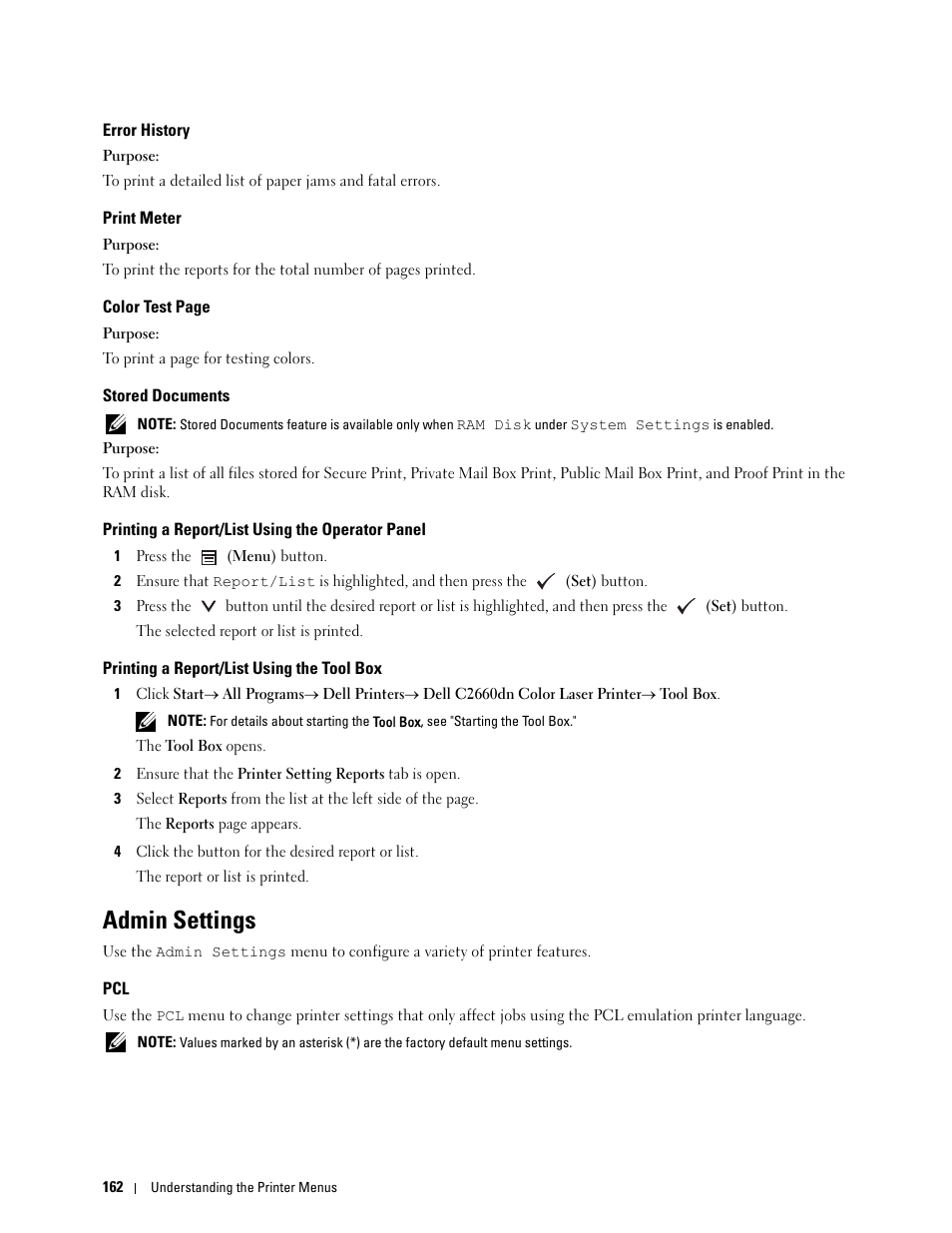 Error history, Print meter, Stored documents | Printing a report/list using the operator panel, Printing a report/list using the tool box, Admin settings | Dell C2660dn Color Laser Printer User Manual | Page 164 / 361