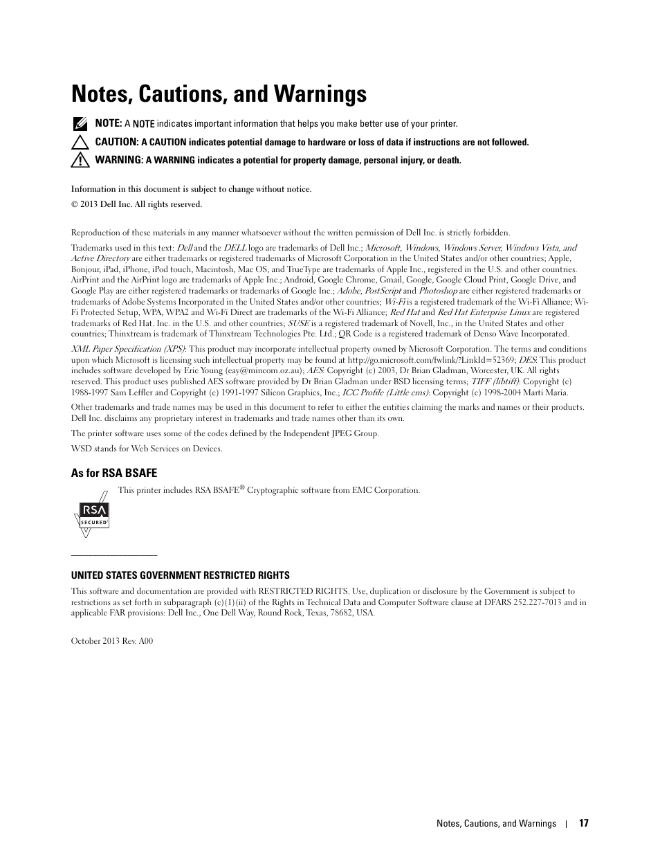 Notes, cautions, and warnings, As for rsa bsafe | Dell C2660dn Color Laser Printer User Manual | Page 19 / 361