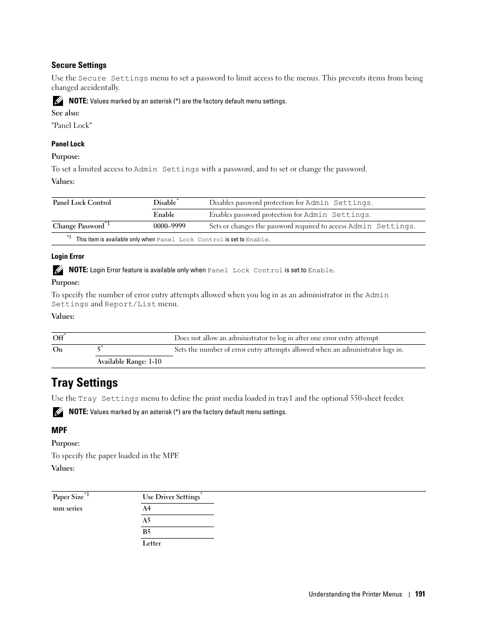 Secure settings, Tray settings | Dell C2660dn Color Laser Printer User Manual | Page 193 / 361