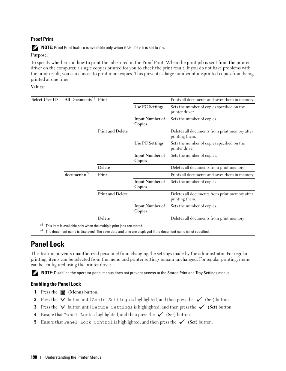 Proof print, Panel lock, Enabling the panel lock | Dell C2660dn Color Laser Printer User Manual | Page 200 / 361